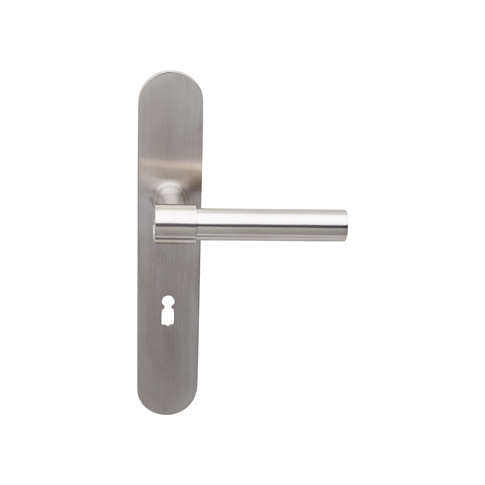 Deurkruk T-Bone L-model matnikkel op ovaal geveerd schild met sleutelgat