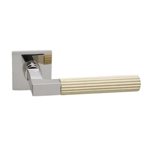 Deurkruk Modul Bauhaus Linear nikkel matgoud PVD op dun vierkant geveerd rozet